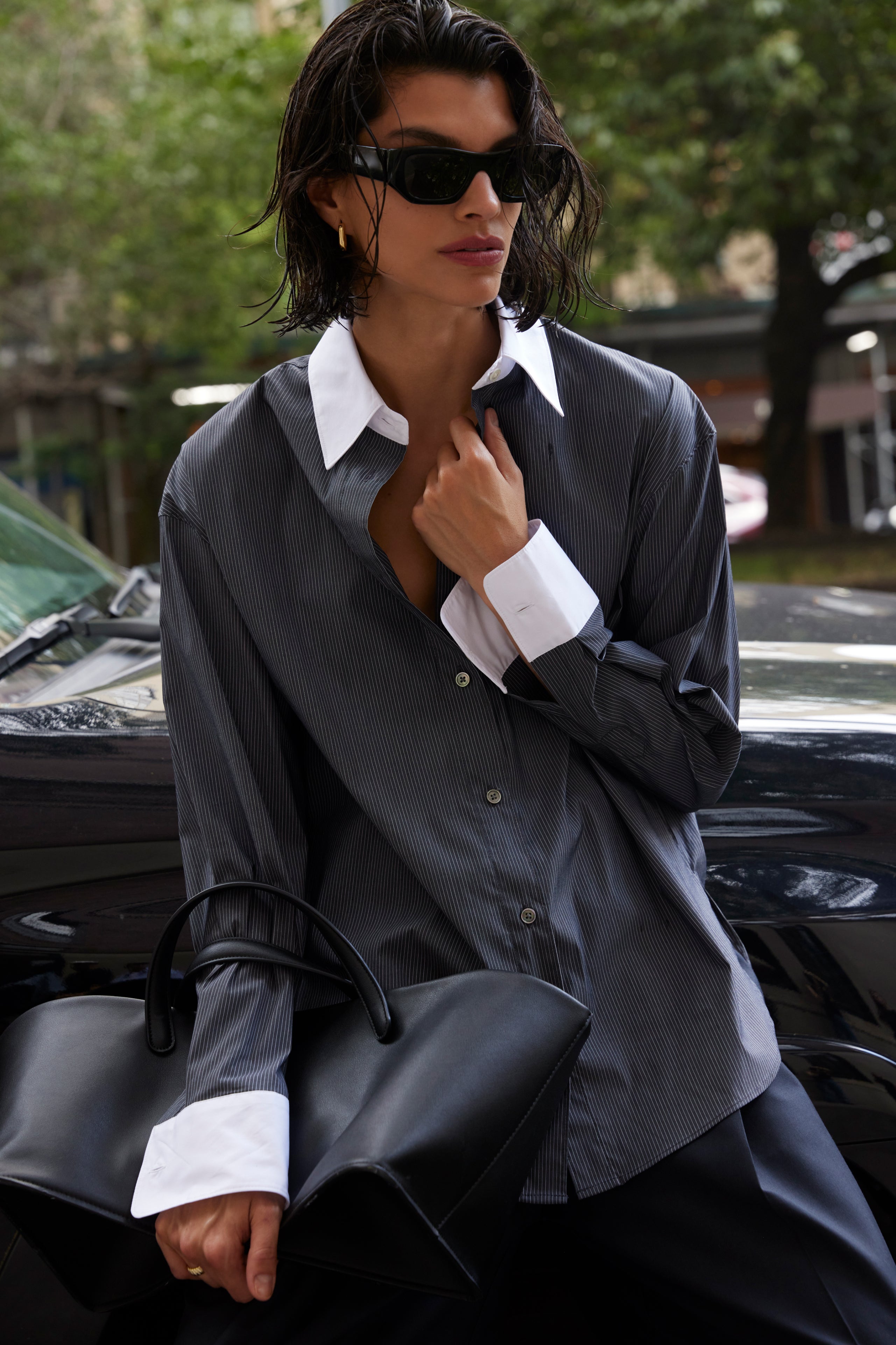 The Everything Shirt in Charcoal Micro Stripe