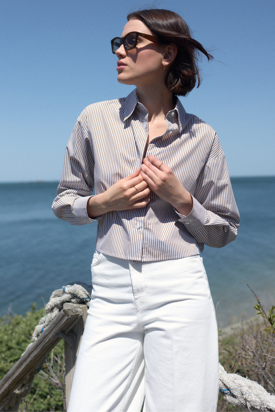 The Cropped Everything Shirt in Truffle Micro Stripe