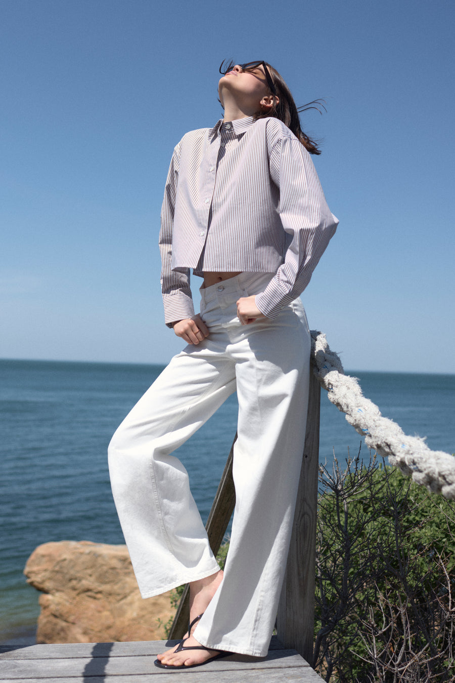 The Cropped Everything Shirt in Truffle Micro Stripe
