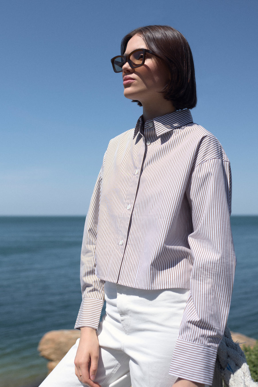 The Cropped Everything Shirt in Truffle Micro Stripe