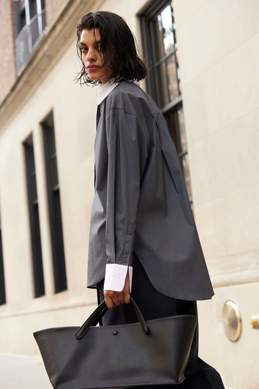 The Everything Shirt in Charcoal Micro Stripe